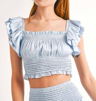 Ruffle Sleeve Cropped Smock Top - Sofie Grey